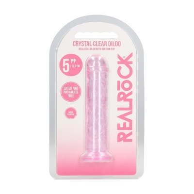 Dildo transparente cor de rosa com ventosa em embalagem com texto em branco e rosa