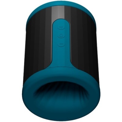 Coluna de som cylindrical preto e azul com botões embutidos