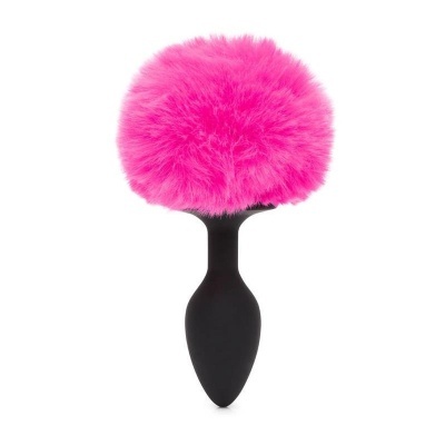 Plug anal preto com cauda de pelo rosa