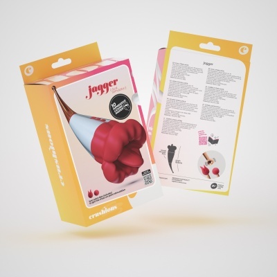Caixa de embalagem do produto Jagger dual stimulator com texto e imagens do produto.