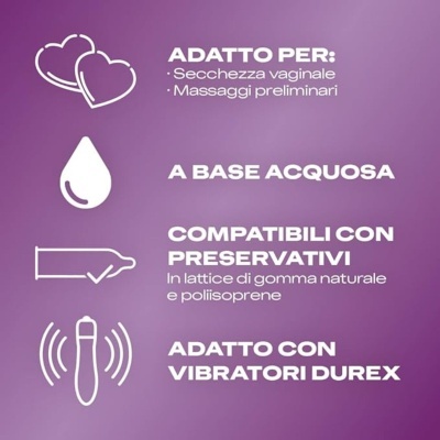 Texto em italiano sobre produtos compatíveis com preservativos e uso para secura vaginal e preliminares em fundo roxo.