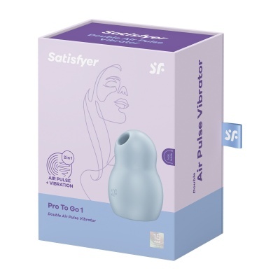 Embalagem lilás e azul com vibrador azul claro e texto sobre o produto