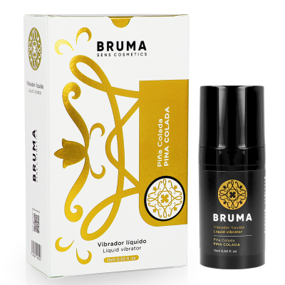 Frasco preto e embalagem branca de vibrador líquido Bruma Piña Colada