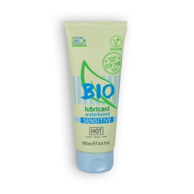 Frasco de lubrificante BIO waterbased sensitive com rótulo verde e azul