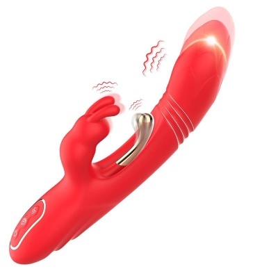 Vibrador vermelho com textura hexagonal, motor metálico e botões de controlo