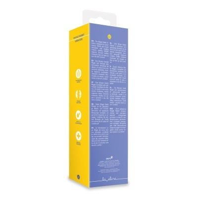 Embalagem de vibrador WIGGLE RABBIT azul e amarela com texto multilíngue.
