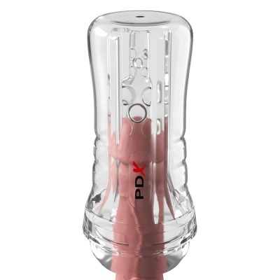 Masturbador masculino transparente com estrutura rosa e texto PDX
