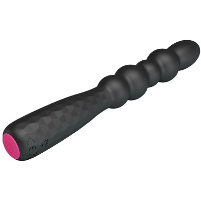 Vibrador preto com esferas progressivas e botão rosa