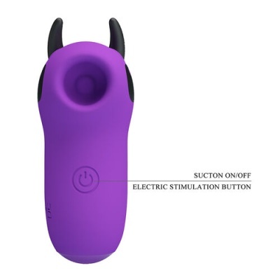 Dispositivo eletrônico roxo com hastes pretas, botão energia e texto indicativo ao lado.