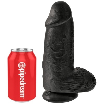 Dildo preto ao lado de lata vermelha com pipedream