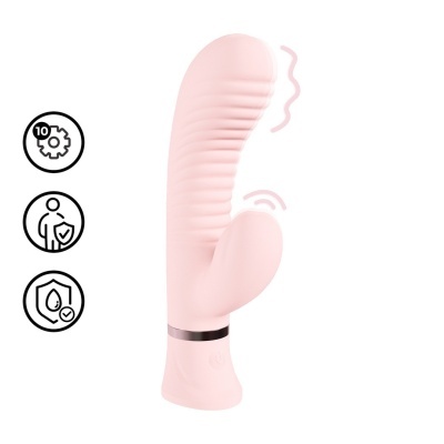 Vibrador rosa claro com textura ondulada e base com detalhe metálico