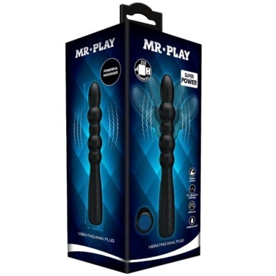 Embalagem azul com massageador anal preto vibratório MR. PLAY com texto e ícones indicativos na frente.
