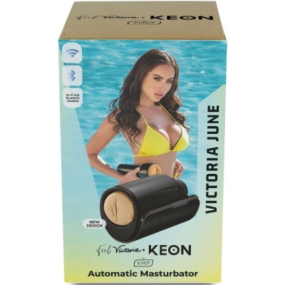 Embalagem de masturbador automático com imagem de mulher de bikini amarelo e texto do produto