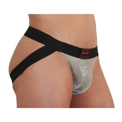 Cueca jockstrap prata com elásticos pretos e etiqueta vermelha