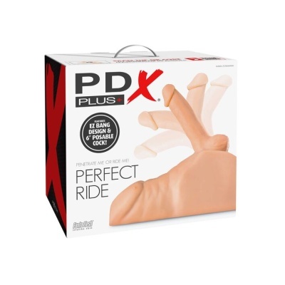 Embalagem de produto com corpo e pênis posável, texto PD PLUS+ X e características do produto.