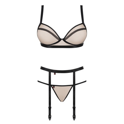 Conjunto de lingerie bege e preta composto por soutien, cinta-liga e tanga.