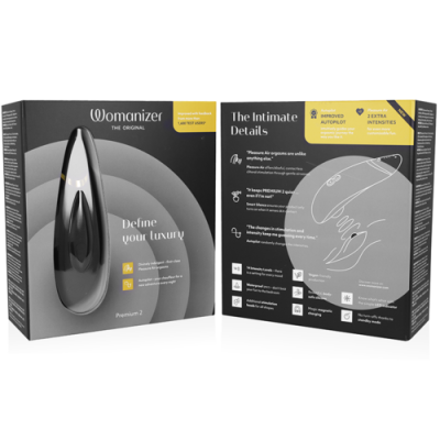 Embalagem do produto Womanizer Premium 2 preto com detalhes em cinza e branco