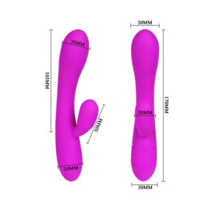 Vibrador cor-de-rosa em silicone com duas hastes e botões de controlo.