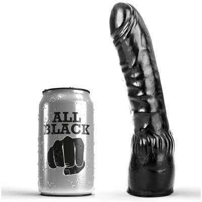Lata prateada com texto ALL BLACK e punho, e objeto preto alto ao lado