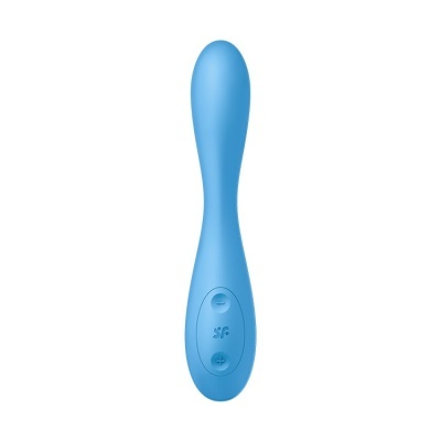 Vibrador azul curvo com botões de controlo sobre fundo branco