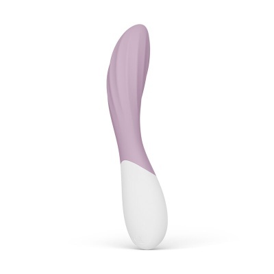Vibrador lilás com base branca e textura ondulada