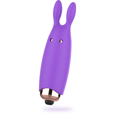 Vibrador pequeno roxo com formato de coelho e base metálica dourada