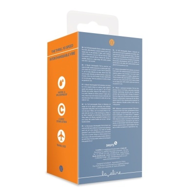Embalagem laranja e azul do vibrador The Thrill com texto informativo e ícones de características.