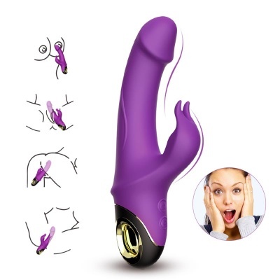 Vibrador roxo com detalhes pretos e dourados e várias ilustrações de uso