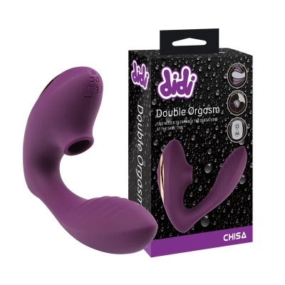 Vibrador roxo com embalagem preta com texto e gotas de água