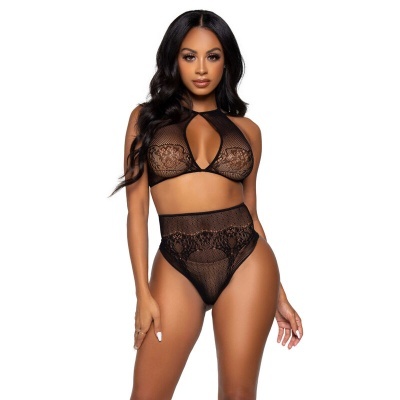 Conjunto de lingerie preto em malha e renda com top e cueca de cintura alta
