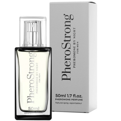 Frasco e embalagem de perfume PheroStrong para homens com texto em preto