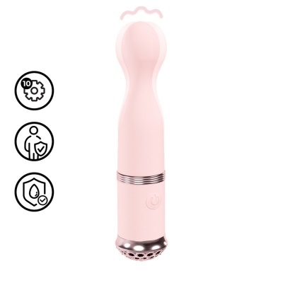 Vibrador rosa com botão de ligar e base metálica prateada