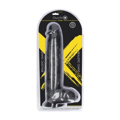 Dildo preto XXL realista em embalagem preta com elementos amarelos