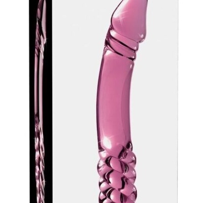 Embalagem branca com massajador de vidro rosa translúcido e textura espiral