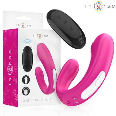Estimulador duplo cor-de-rosa com controlo remoto preto e embalagem branca e rosa INTENSE