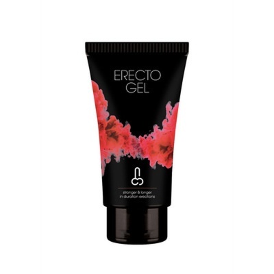 Tubo preto de gel com tampa preta e design vermelho, texto ERECTO GEL e símbolo branco