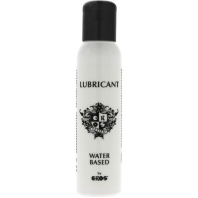 Frasco branco e preto de lubrificante à base de água com texto e emblema