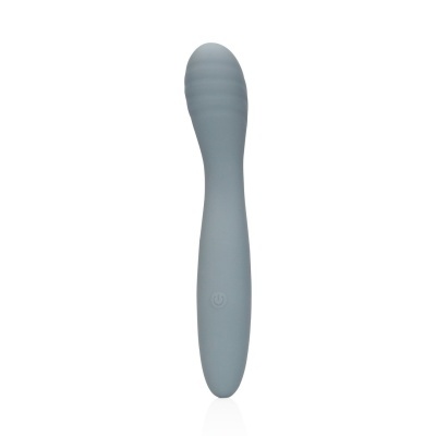 Vibrador cinzento com ponta texturizada e botão de ligar