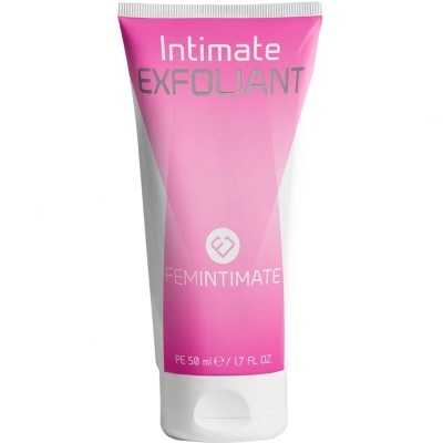 Frasco de creme exfoliante íntimo rosa e branco com texto