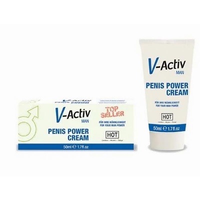 Creme V-Activ Man Penis Power Cream em embalagem branca e azul
