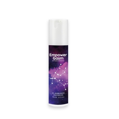 Frasco branco de gel sensibilizador com rótulo roxo estrelado e texto branco