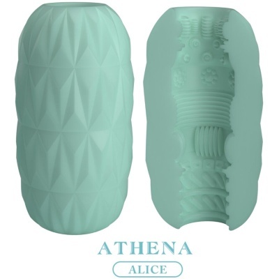 Produto azul turquesa com texturas geométricas e relevos com nomes Athena e Alice