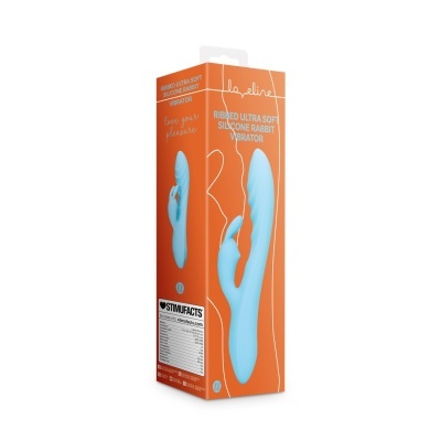 Embalagem de vibrador de silicone azul com design de coelho sobre fundo laranja