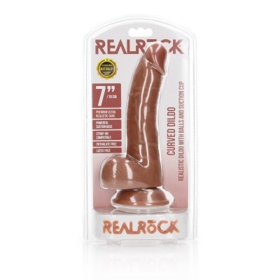 Dildo curvo castanho com base de sucção em embalagem transparente