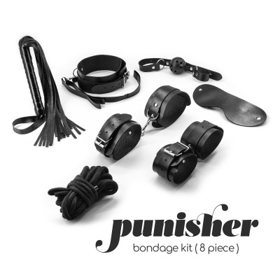 Kit bondage Punisher com 8 peças pretas sobre fundo branco