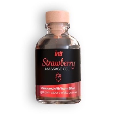 Frasco de gel de massagem com sabor a morango e efeito quente