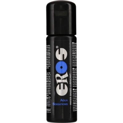 Frasco preto com tampa preta e rótulo ERÓS Aqua Sensations