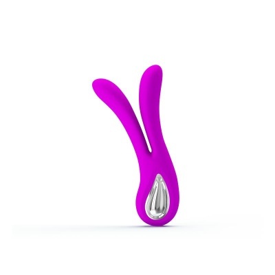Vibrador roxo bifurcado com detalhe metálico prateado