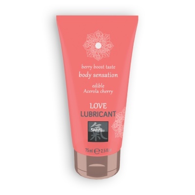 Frasco de lubrificante rosa coral com tampa castanho translúcido e texto branco e preto