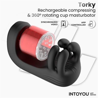 Masturbador masculino preto com copo vermelho translúcido e texto promocional na imagem